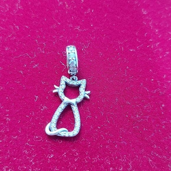 925 Sterling Silver Kitty Cat Dangle Charm - Picture 3 of 7